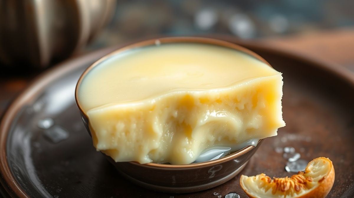 imagem close-up da ambrosia doce de leite servida em porção individual, textura macia dos ovos cozidos no doce de leite, fundo desfocado de cozinha caseira