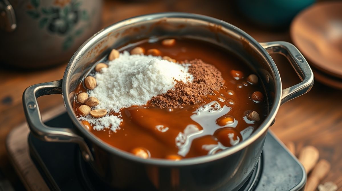 Panela com amendoim cru, açúcar e chocolate em pó mexendo em fogo médio, mostrando calda começando a cristalizar, cenário de cozinha caseira