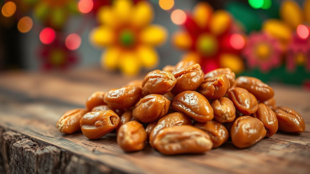 Close-up de amendoim praliné caramelizado em superfície de madeira, mostrando textura crocante, com elementos decorativos de festa junina desfocados ao fundo