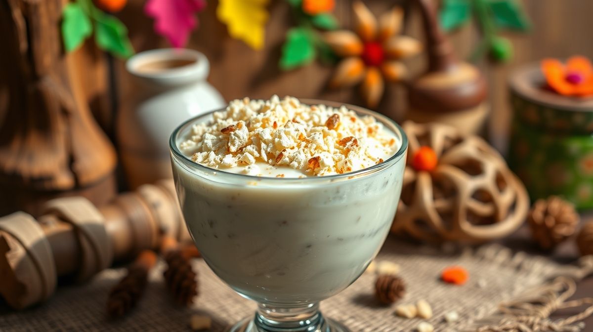 close-up de arroz doce cremoso em taça de vidro com paçoca esfarelada por cima, ambiente com decoração típica de festa junina, iluminação natural suave e detalhes rústicos