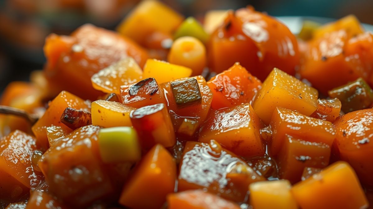 close-up de cebolas caramelizadas em frigideira com cogumelos frescos variados sendo refogados, foco em textura e cores vibrantes