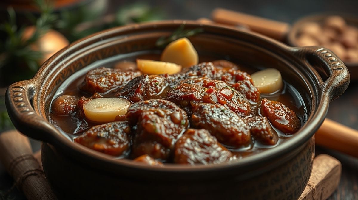 close-up de atum assado com batatas em uma assadeira de cerâmica, realce nos temperos e textura dourada, decoração com ramos de alecrim, iluminação suave