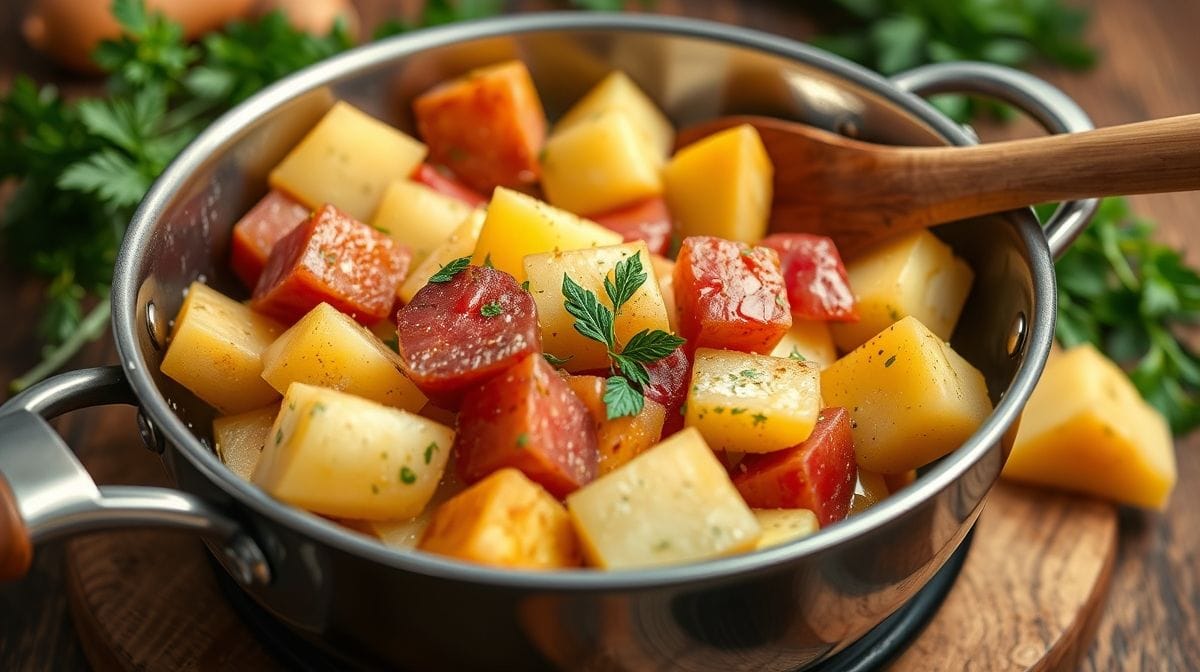 Imagem detalhada mostrando o preparo do atum com batatas na assadeira, com postas de atum suculentas e batatas douradas, destacando frescor dos ingredientes