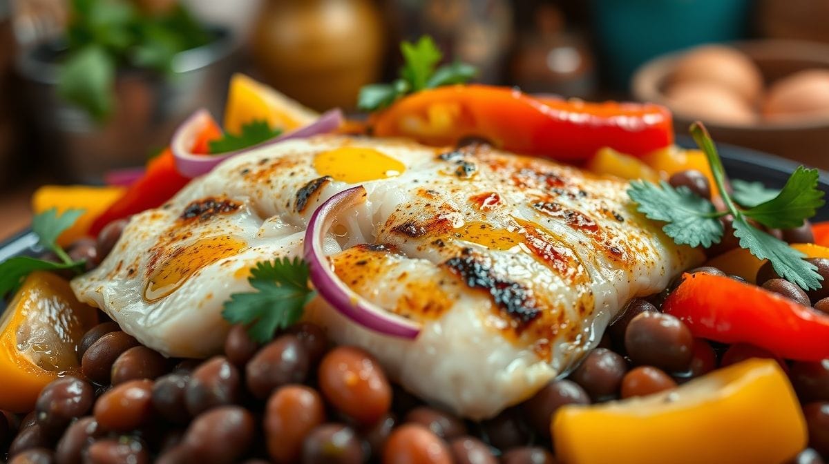 close-up de bacalhau com feijão-fradinho cozido, mostrando texturas dos ingredientes como pimentões coloridos, cebola roxa, azeite e coentro, em ambiente de cozinha caseira