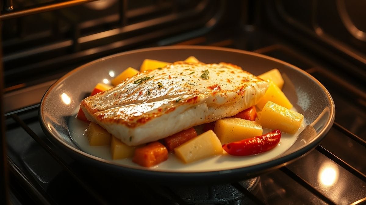 Refratário ao forno com posta de bacalhau coberta por leite de coco, batatas douradas e pimentão vermelho, luz natural, textura crocante