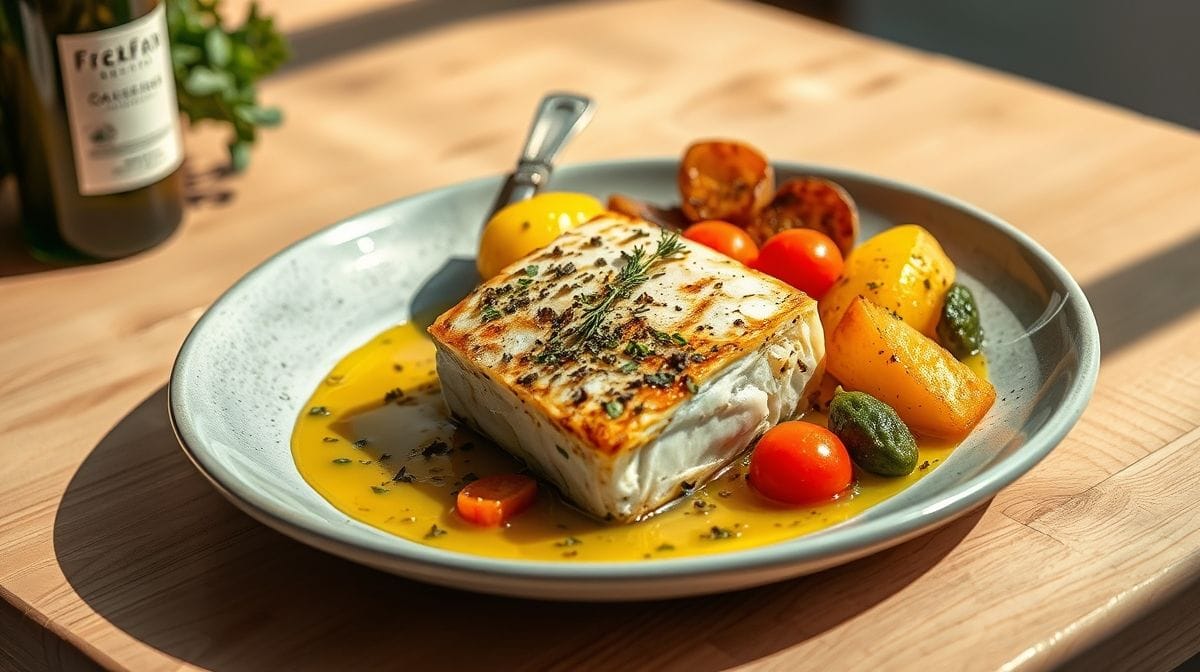 Prato gourmet de bacalhau confit no azeite aromatizado com alho e ervas variadas, servido com batatas ao murro douradas e legumes frescos, em bancada de madeira clara