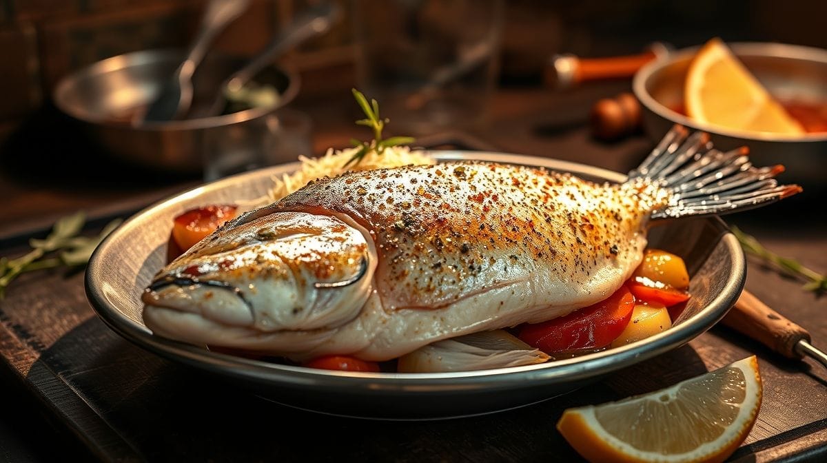 Imagem detalhada das postas de bacalhau no forno, destacando o azeite de oliva extravirgem brilhando sobre o peixe e os temperos frescos como alecrim e páprica, cenário de cozinha caseira aconchegante, fotografia culinária de alta qualidade