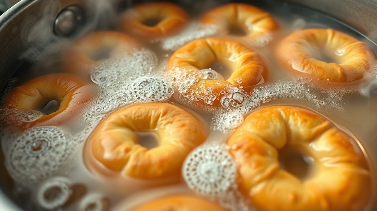 Imagem mostrando o processo de aferventar bagels em água com mel, sal e bicarbonato, com bagels flutuando e formando bolhas, em uma panela grande de inox com vapor, estilo culinária, close-up