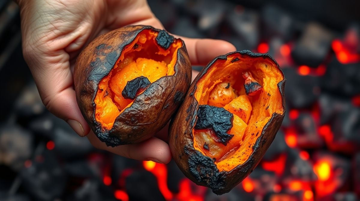 Batatas doces assadas na brasa, casca escurecida e interior macio, servidas em uma mão sobre uma churrasqueira com brasas, estilo fotográfico realista