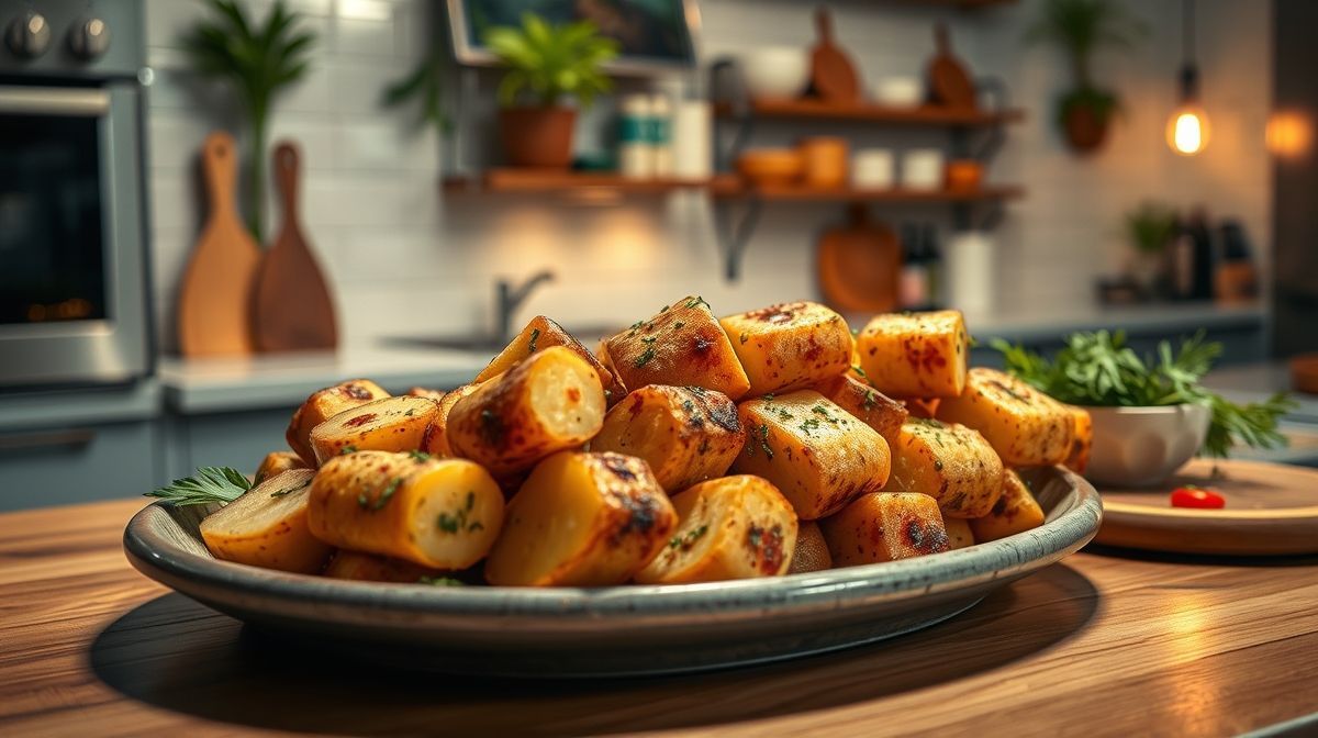 assadeira com batatas estampadas ao forno, cortadas ao meio com ervas variadas como alecrim, manjericão e salsinha, bordas douradas, ambiente de cozinha moderna, luz quente