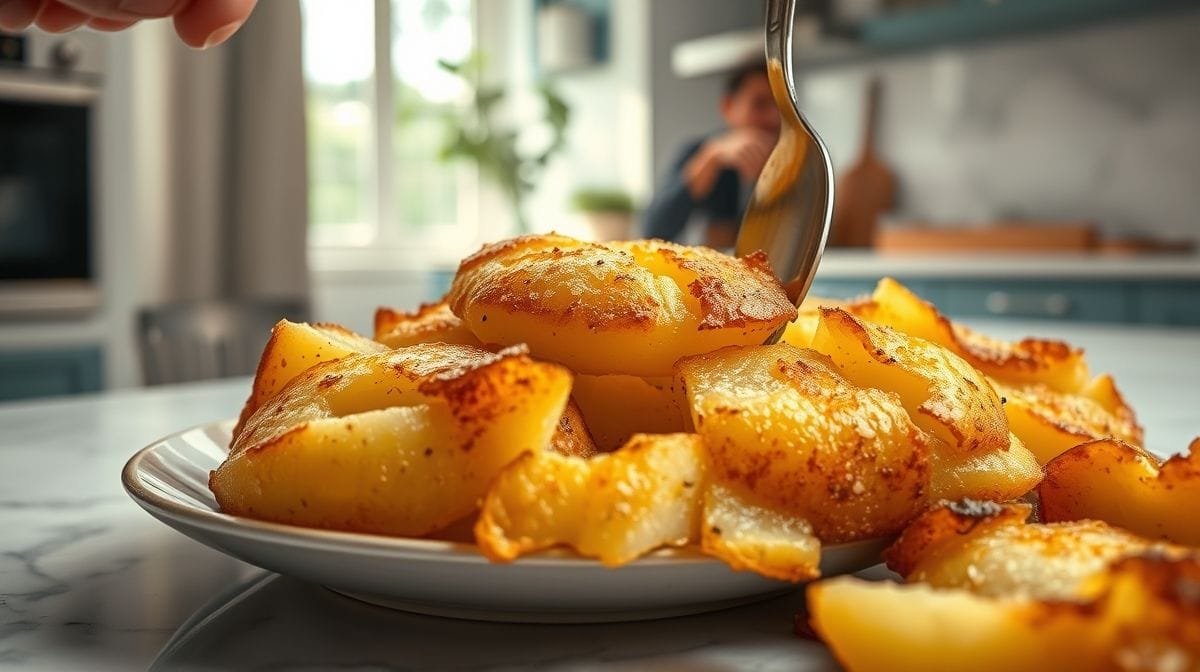 Imagem detalhada de batatas ao murro sendo pressionadas com o dorso de uma colher, mostrando a textura crocante da casca e o interior macio, em ambiente de cozinha caseira moderna