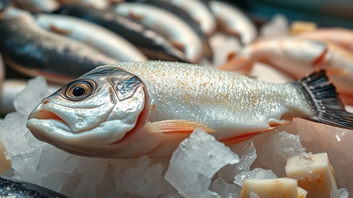 Close-up de bacalhau fresco com textura visível, exibido sobre gelo em mercado de peixes, ressaltando frescor e qualidade do produto com iluminação natural
