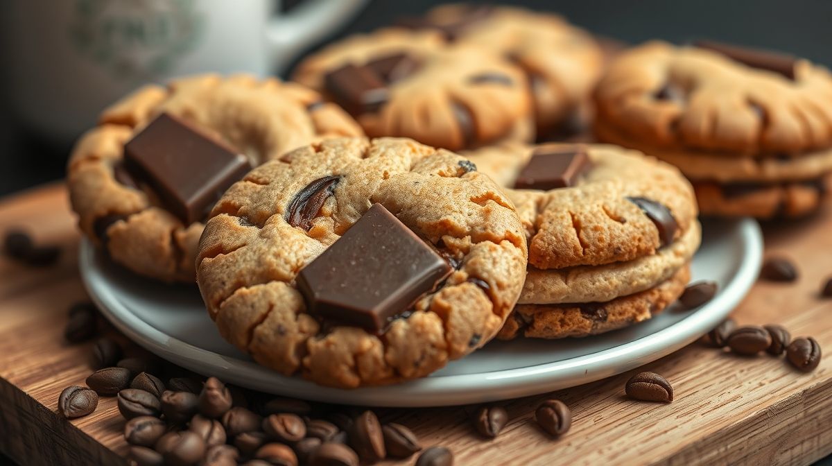 Close-up de biscoitos de café com pedaços de chocolate meio-amargo e amendoim torrado, mostrando textura crocante, sobre uma mesa de madeira com grãos de café espalhados