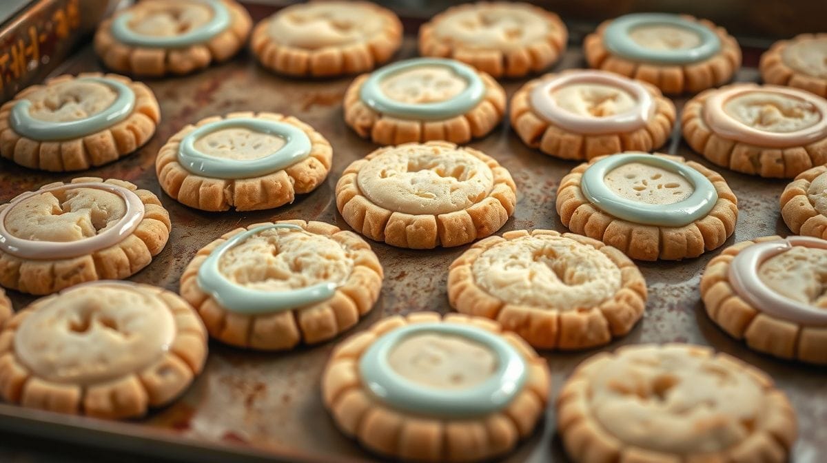 Biscoitos amanteigados frescos em assadeira, textura crocante, decorados com glacê real em tons suaves feitos com corantes naturais, estilo artesanal, fotografia culinária