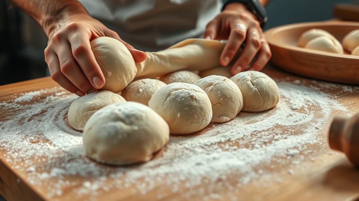 Imagem detalhada do processo de modelar bisnaguinhas caseiras, mãos enrolando a massa branca e macia sobre bancada de cozinha com farinha espalhada