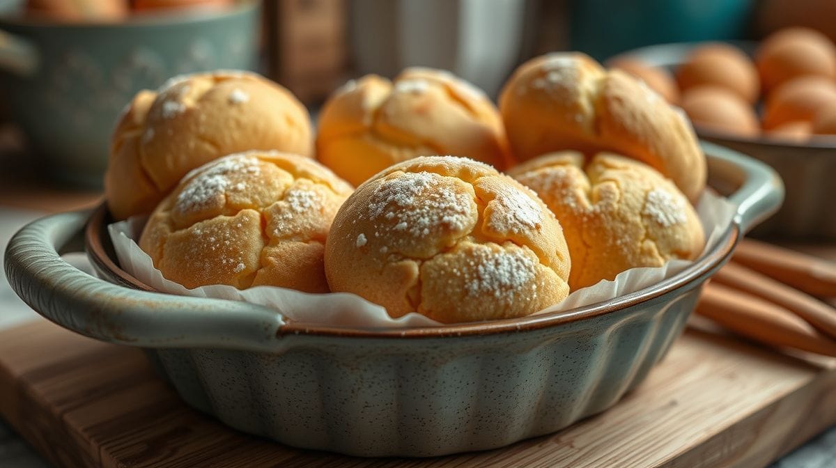 Close-up de bisnaguinhas caseiras em uma assadeira untada, mostrando textura macia e crosta dourada, com detalhes da massa sendo modelada, ambiente de cozinha caseira