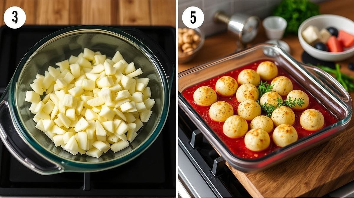 Imagem detalhada de processo de preparo de bolinhos de batata, mostrando batata ralada em tigela com ingredientes ao redor, utensílios de cozinha sobre bancada de madeira
