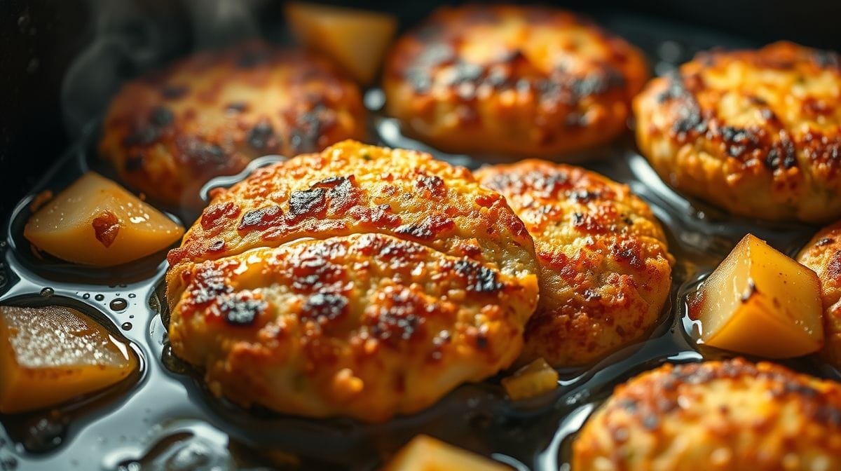 Close de bolinhos de peixe com batata sendo fritos em frigideira com óleo quente, mostrando textura crocante e dourada, estilo fotografia culinária