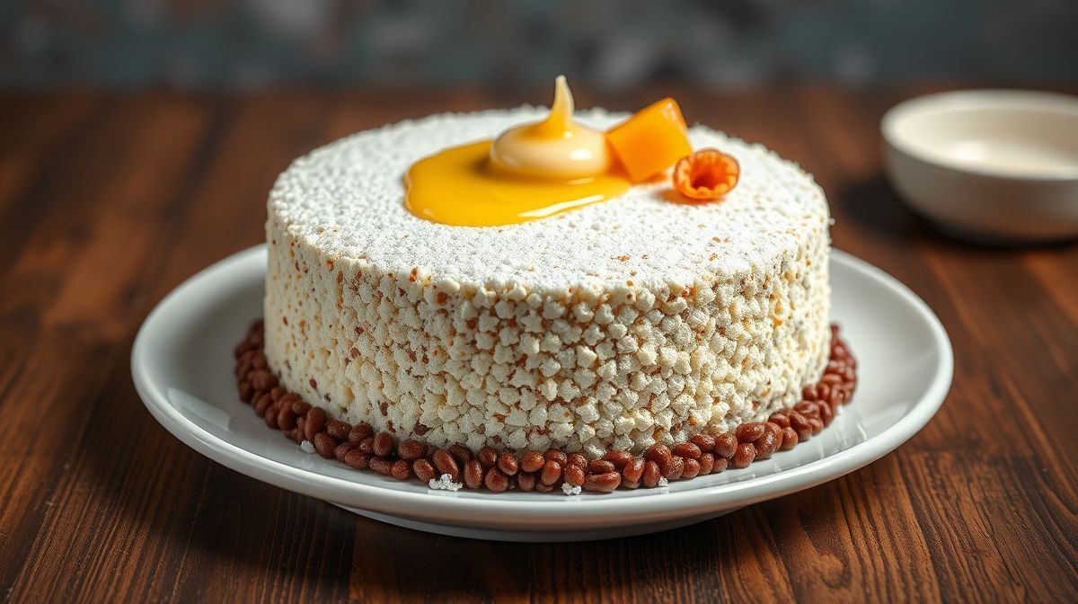 fatia de bolo amanteigado de mel sobre prato branco, com textura fofa e dourada, decorada com um fio de mel e toalha de mesa clara ao fundo