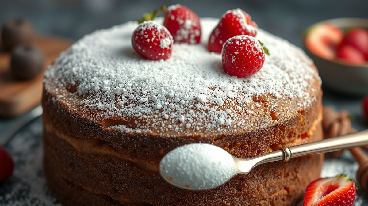 Close-up de Bolo da Rainha cortado, mostrando textura macia da massa e frutos secos embutidos, açúcar de confeiteiro polvilhado por cima, com utensílios de confeitaria ao fundo