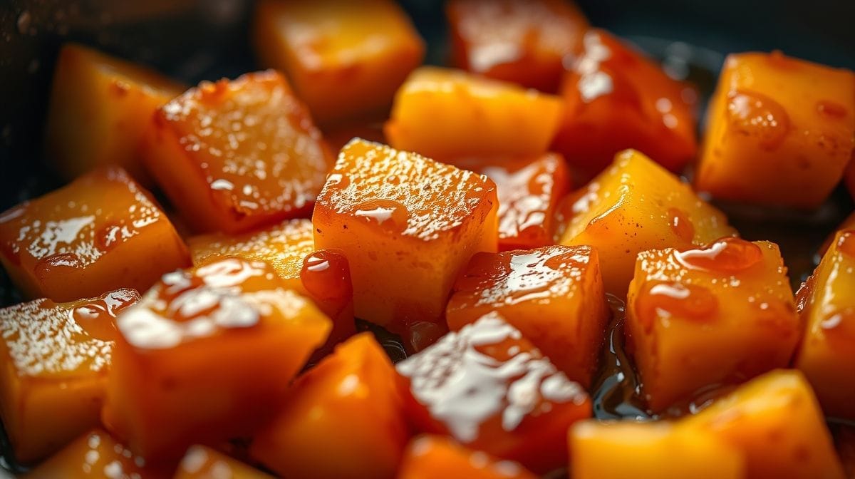 Close-up dos cubos de abacaxi caramelizados em uma panela, mostrando textura brilhante e cor dourada, estilo culinária profissional