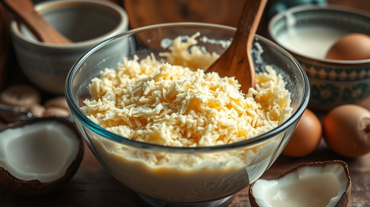 close-up de massa de bolo de aipim sendo preparada, tigela com aipim ralado, ovos e leite de coco, utensílios de cozinha tradicionais, ambiente de cozinha caseira