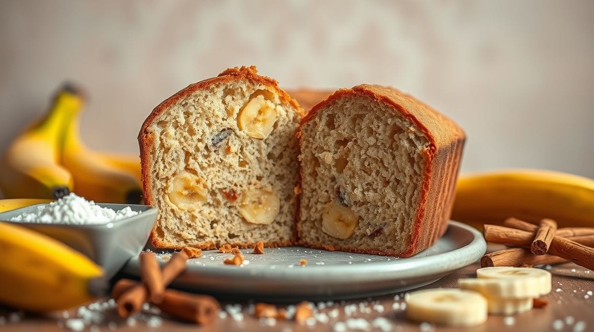 Imagem detalhada do bolo de banana cortado mostrando a textura úmida e pedaços de banana, com um fundo neutro e alguns ingredientes usados na receita dispostos ao lado