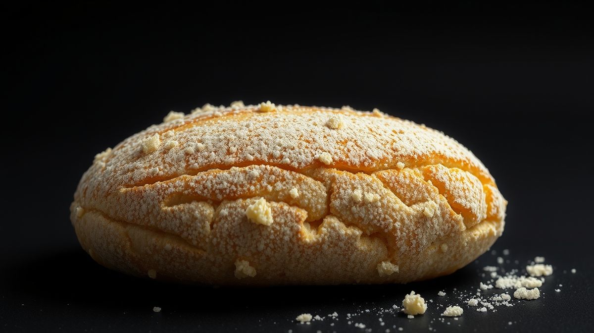 Imagem detalhada da textura da massa do bolo de banana com farinha de rosca, close da casquinha crocante com açúcar e canela polvilhados, fundo neutro