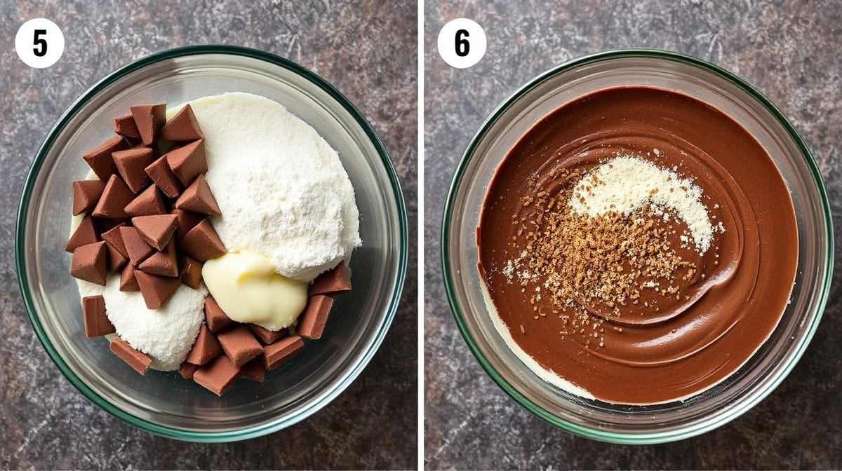 Passo a passo de preparo de bolo de chocolate branco, mostrando ingredientes como chocolate branco em pedaços, leite, manteiga e farinha, em uma cozinha clara e organizada