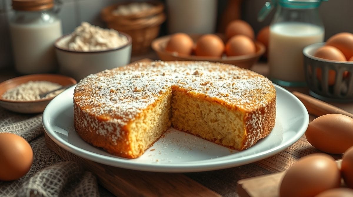 Bolo de fubá cozido cortado em fatias, servido em prato branco, com polvilho de açúcar e canela, cercado por ingredientes como fubá, ovos e leite, em uma cozinha caseira com luz natural