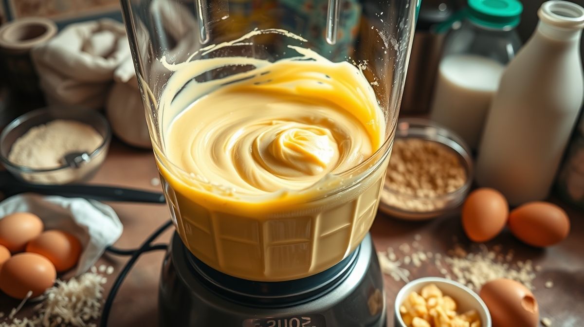 Imagem detalhada da massa de bolo de fubá no liquidificador, textura cremosa e amarela, utensílios de cozinha ao redor, foco na preparação e ingredientes visíveis como ovos, fubá e leite, ambiente de cozinha caseira