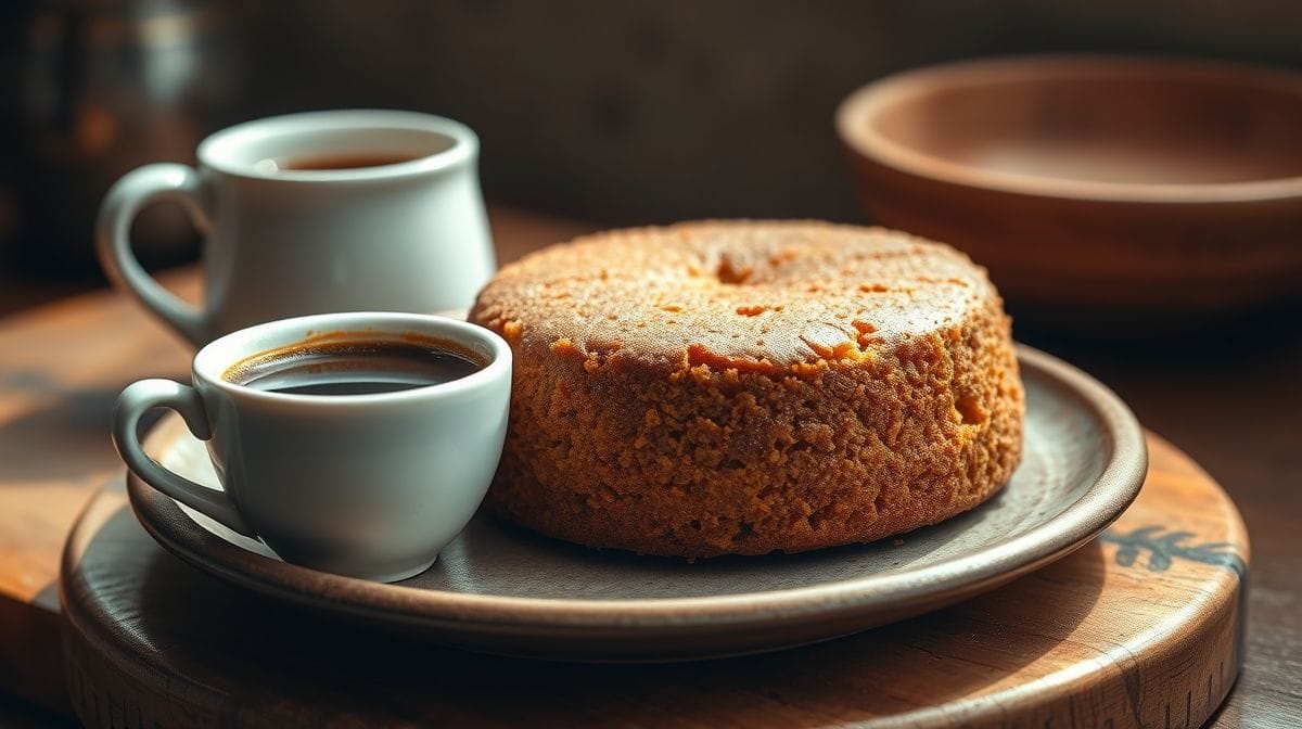 close-up de um bolo de fubá tradicional servido em um prato de cerâmica rústica, ao lado de uma xícara de café coado, com um fundo simples e acolhedor de cozinha rural brasileira