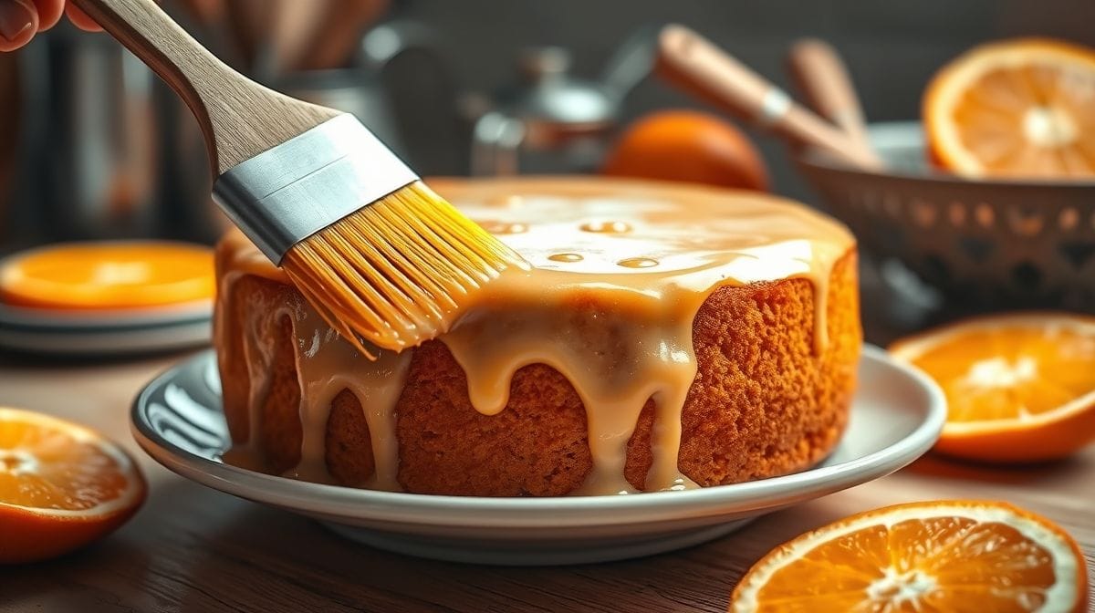 Bolo de laranja sendo pincelado com calda de suco de laranja, destaque para a cobertura brilhante e textura do bolo, utensílios de cozinha ao fundo