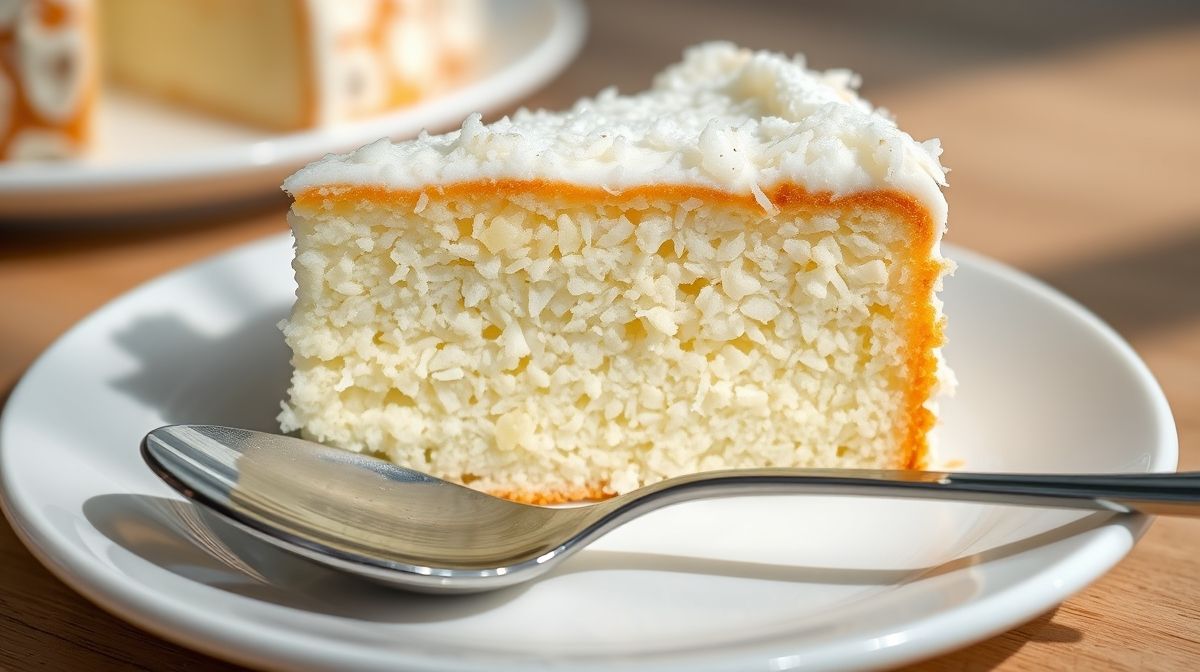 Close-up de um pedaço de bolo de tapioca úmido e fofo com textura visível de tapioca e coco ralado, servido em prato branco com colher ao lado