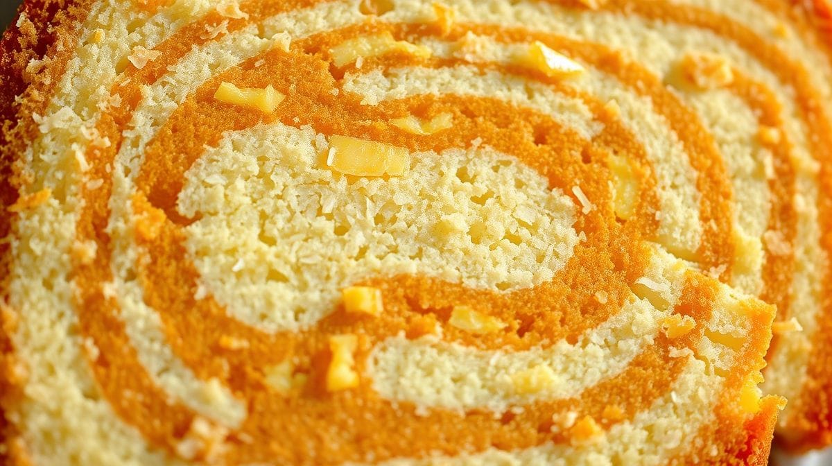 Imagem em close do corte do bolo mármore mostrando o efeito marmorizado dos fubás amarelo e branco, textura macia e úmida com detalhes do coco ralado e queijo