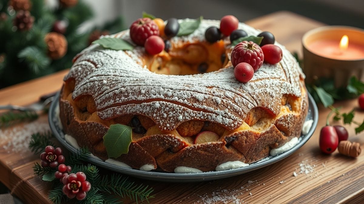 Imagem close-up de uma fatia de bolo de Natal com nozes, uvas-passas, damascos e frutas cristalizadas, textura úmida e convidativa, numa mesa rústica de madeira com decoração natalina ao lado