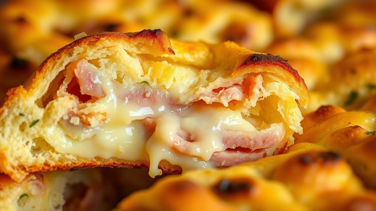 Close-up do interior cremoso e recheado do bread pudding de presunto e queijo cortado em pedaços, com queijos derretidos e presunto visível, textura apetitosa