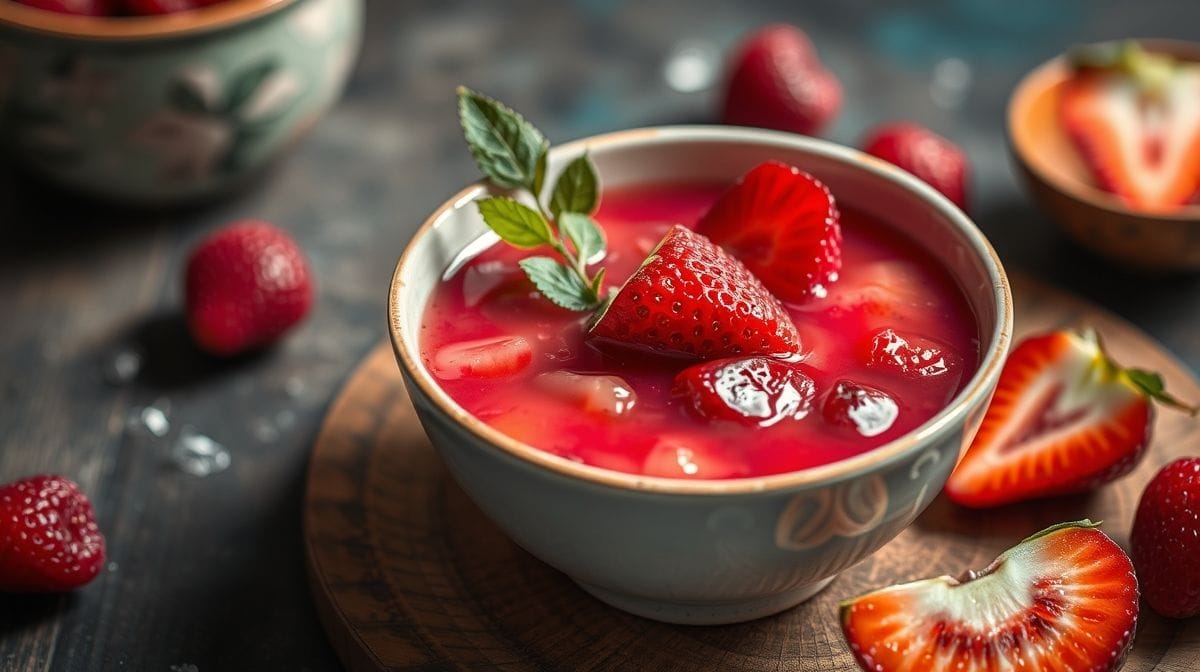 Close de calda de frutas vermelhas sendo servida sobre um sorvete de baunilha, destacando a textura brilhante e as frutas vermelhas frescas