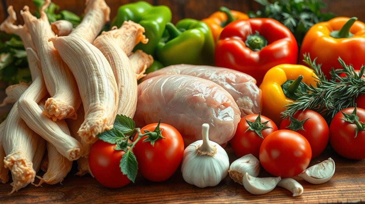 Imagem detalhada dos ingredientes frescos para caldo de frango com mandioca, incluindo mandioca, peito de frango, tomates, pimentões, alho e ervas em uma bancada de cozinha rústica