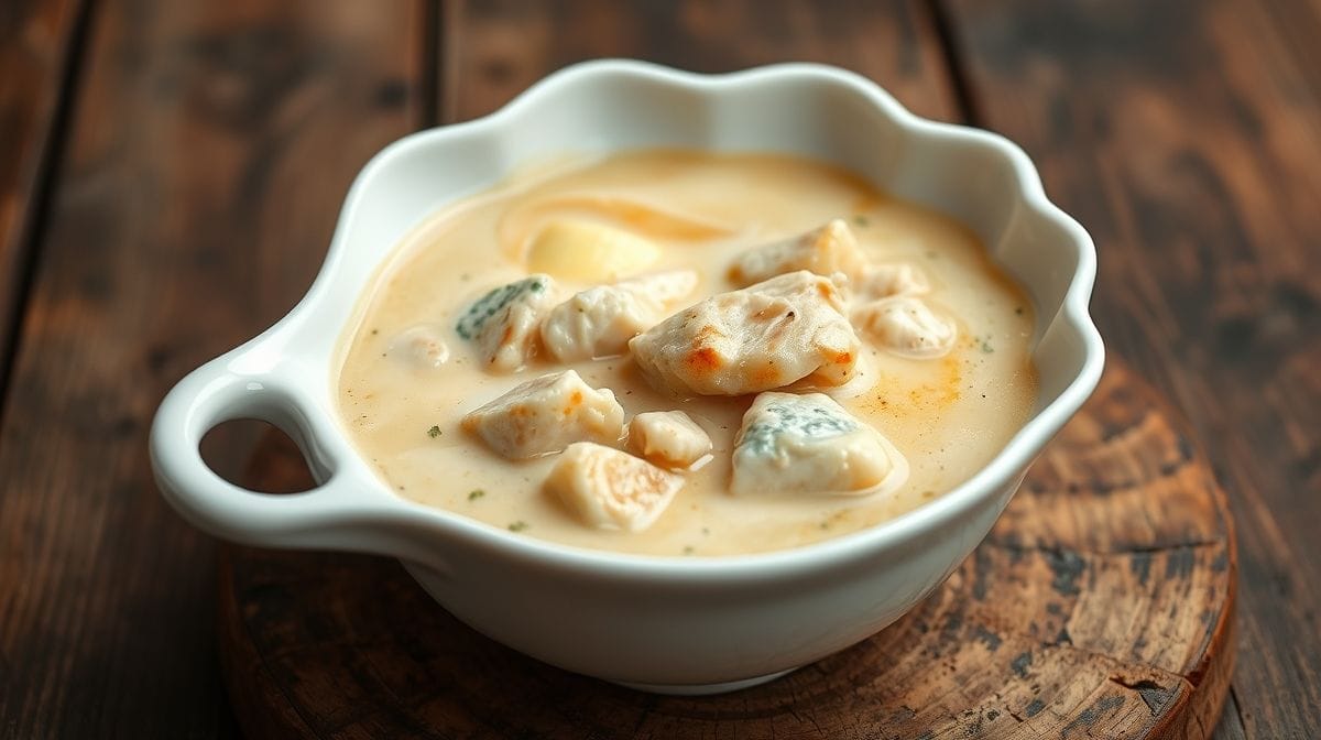 Close de uma concha servindo caldo de frango com mandioca em uma tigela branca, destacando textura cremosa e ingredientes visíveis, fundo rústico de madeira