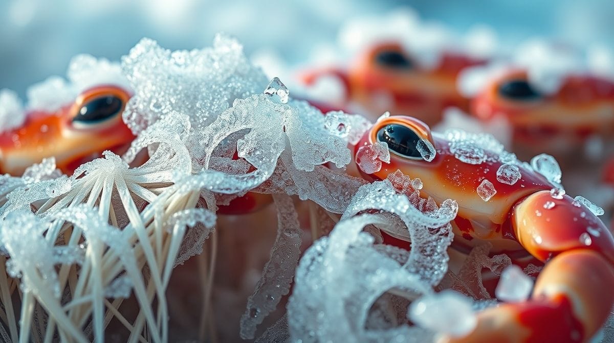 Imagem close-up de camarões 7 barbas dourando em frigideira, com alho e ervas frescas visíveis
