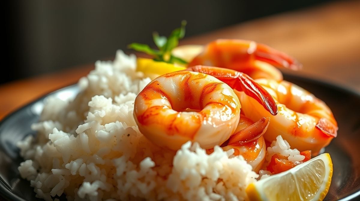 Prato de camarão 7 barbas ao alho e limão servido com arroz branco, composição elegante e apetitosa em foco