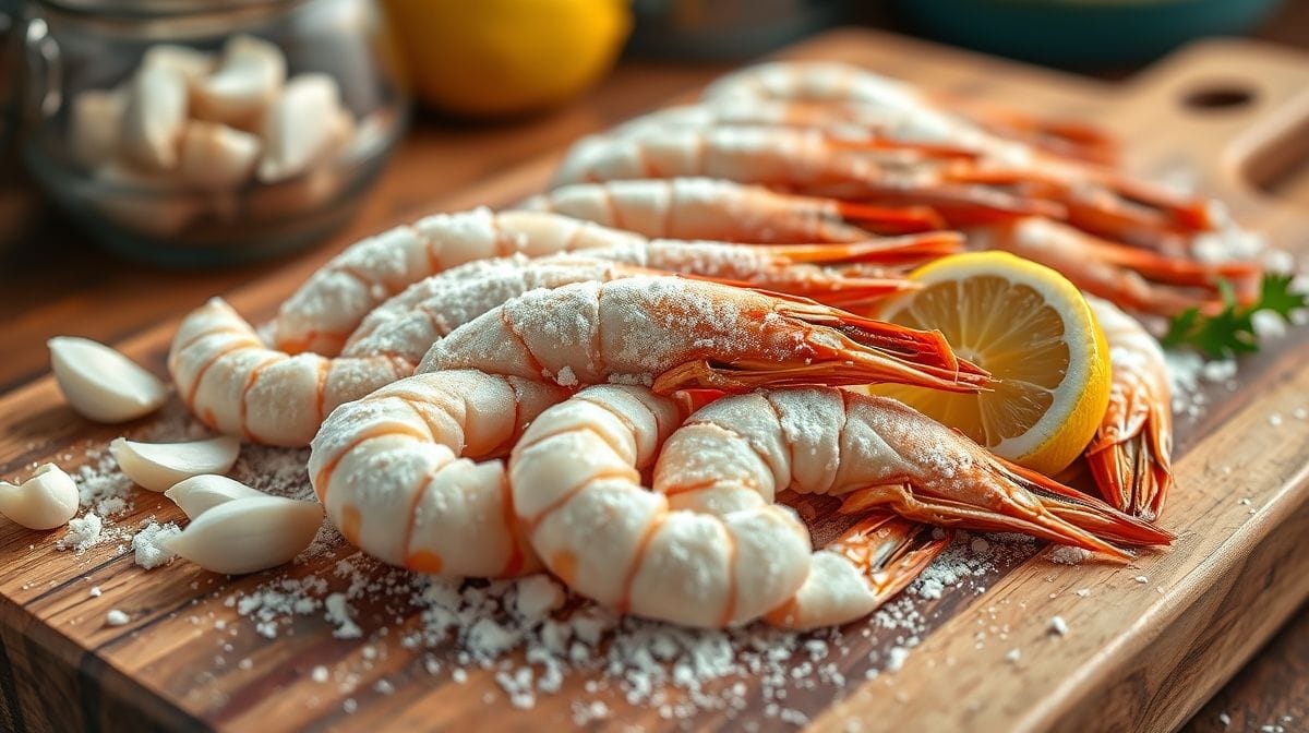Imagem close-up de camarões passados na farinha de trigo, prontos para fritar, colocados em uma tábua de madeira, com dentes de alho picados ao lado e limão fresco