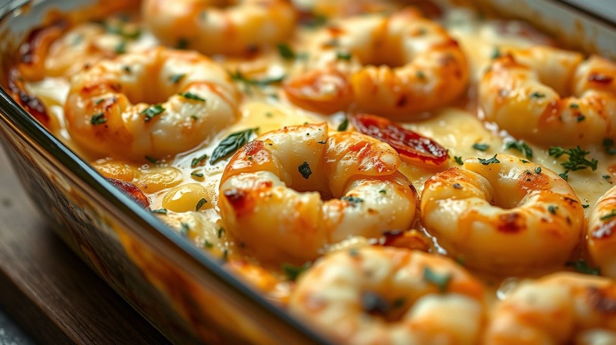 Close-up of golden baked shrimp gratin topped with melted cheese and herbs in a glass baking dish, inviting food photography style