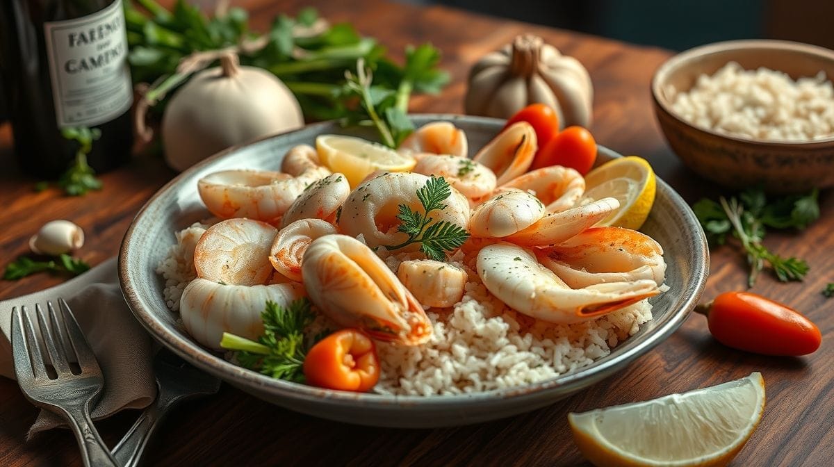 Ingredientes frescos para camarão no abacaxi dispostos sobre uma mesa de madeira: abacaxis maduros, camarões limpos, cebola picada, alho, requeijão cremoso, arroz branco, salsinha, parmesão ralado, azeite de oliva, ambiente de cozinha iluminado e convidativo