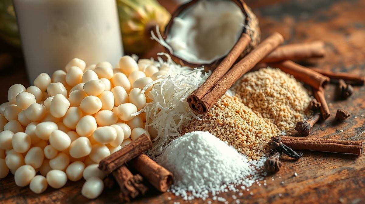 Close de ingredientes da canjica: milho branco, leite em lata, coco ralado, canela em pau, açúcar e cravo, sobre uma mesa de madeira rústica