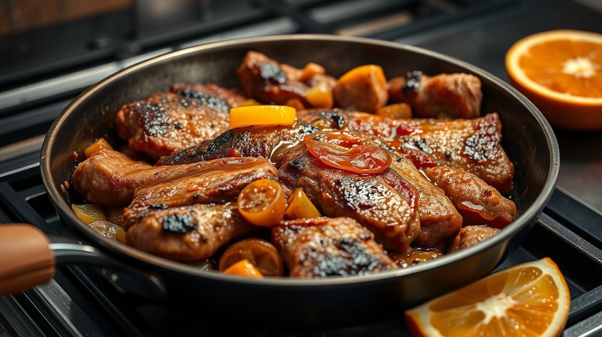 Imagem detalhada do preparo da carne de panela na panela de pressão, mostrando pedaços de músculo bovino dourados com cebolas caramelizadas e suco de laranja, estilo fotográfico culinário realista