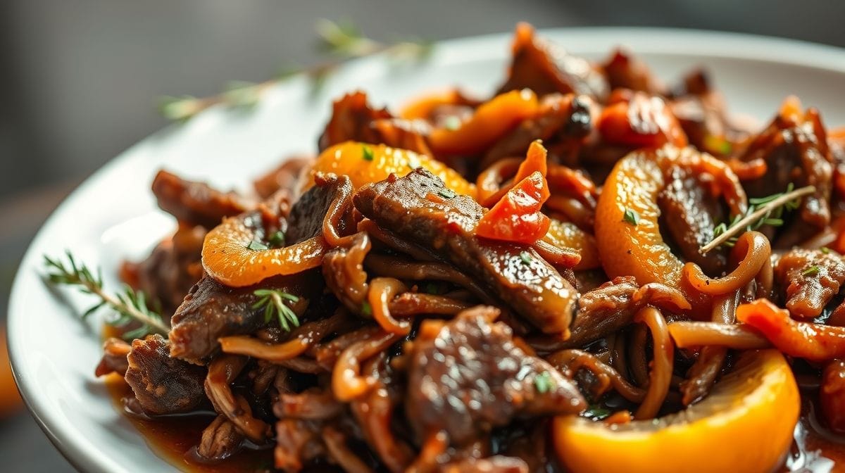 close-up de carne de panela cozida lentamente, desfiada com molho de laranja e ervas, apresentação em prato branco, detalhes vivos e cores quentes