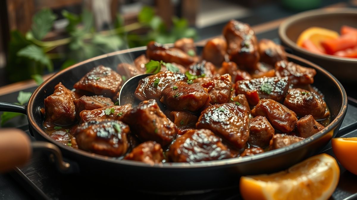 close-up da panela de pressão com carne louca cozinhando, mostrando pedaços de carne suculenta e molho encorpado, ingredientes frescos ao redor, estilo culinário caseiro e aconchegante
