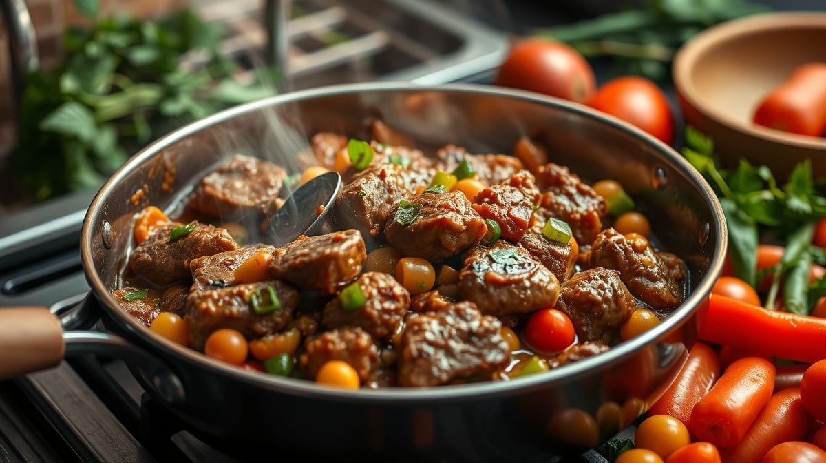 Imagem detalhada do processo de preparo da carne moída com legumes, com carne sendo refogada em panela, legumes frescos ao redor, ambiente de cozinha aconchegante, cores vibrantes e textura apetitosas.